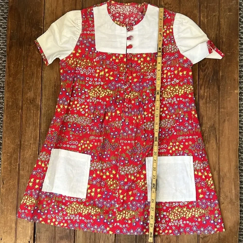 Girls Vintage 70’s Dress Floral short sleeve Home made Red size medium